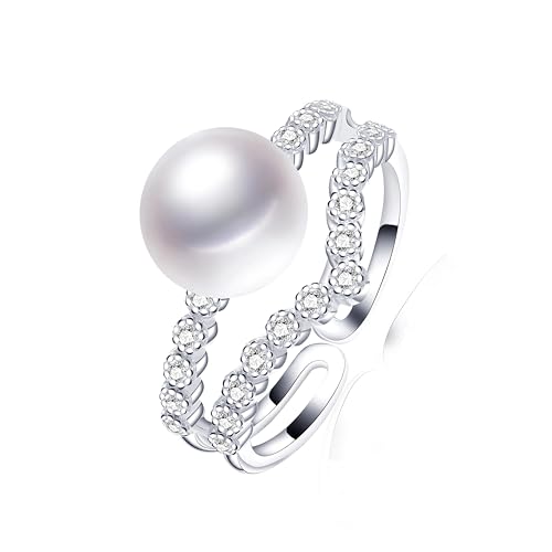 BISONBLUE Ringe Damen Rings Frauen Geschenk Modeaccessoires Luxuriöser Zirkon-Ring mit natürlicher Süßwasserperle, modisch, Party, verstellbare Perlenringe für Damen, größenverstellbar, Weiß von BISONBLUE