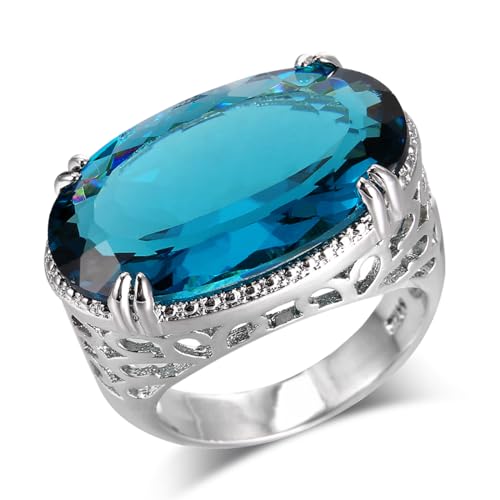 BISONBLUE Ringe Damen Rings Frauen Geschenk Modeaccessoires Luxuriöser großer Ring für Damen, hohl, Vintage-Mosaik, blauer Zirkon, modischer Ring, 6 Blau von BISONBLUE