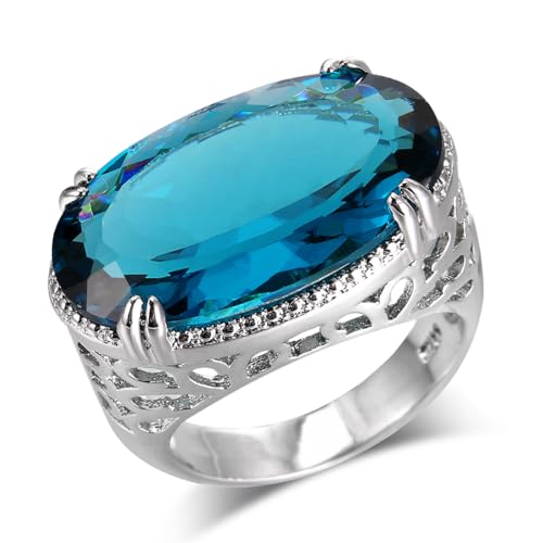 BISONBLUE Ringe Damen Rings Frauen Geschenk Modeaccessoires Luxuriöser großer Ring für Damen, hohler Vintage-Mosaik-blauer Zirkon-Modering 10 Blau von BISONBLUE