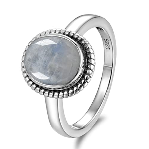 BISONBLUE Ringe Damen Rings Frauen Geschenk Modeaccessoires Mode 8x10 MM ovale natürliche Mondsteine ​​Ringe Vintage feiner 7 Mondstein von BISONBLUE