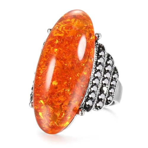 BISONBLUE Ringe Damen Rings Frauen Geschenk Modeaccessoires Modischer großer ovaler Steinring für Damen, schwarzer Kristallring, Vintage 9 Orange von BISONBLUE