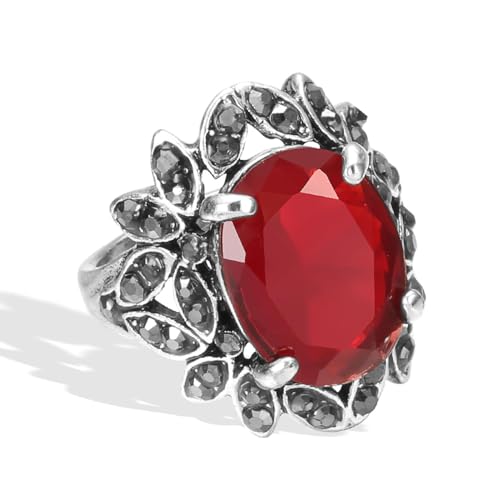 BISONBLUE Ringe Damen Rings Frauen Geschenk Modeaccessoires Roter Steinring für Frauen, Kristallblumen, Hochzeit, Retro-Ringe, 10 Rot von BISONBLUE