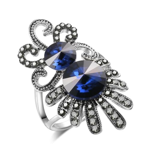 BISONBLUE Ringe Damen Rings Frauen Geschenk Modeaccessoires Vintage-Blume, große graue Kristallringe für Damen, antike Mode, 10 Z0258Blau von BISONBLUE