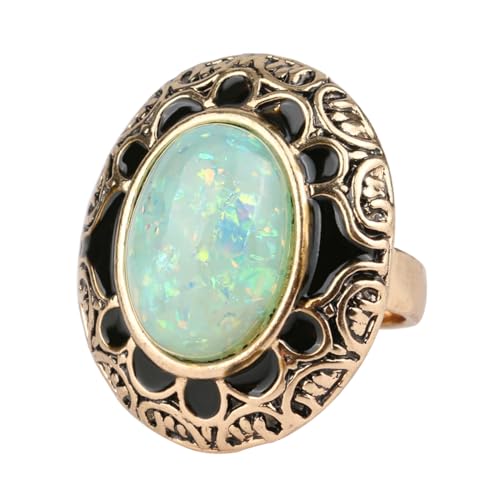 BISONBLUE Ringe Damen Rings Frauen Geschenk Modeaccessoires Vintage Opal Stein Ringe für Frauen Mode Antik Schwarz Emaille Oval Ring Bohemian 10 Grün von BISONBLUE