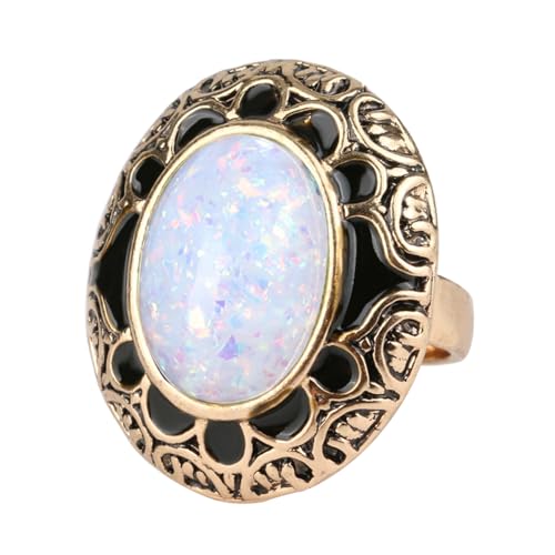 BISONBLUE Ringe Damen Rings Frauen Geschenk Modeaccessoires Vintage Opal Stein Ringe für Frauen Mode Antik Schwarz Emaille Oval Ring Bohemian 8 Weiß von BISONBLUE