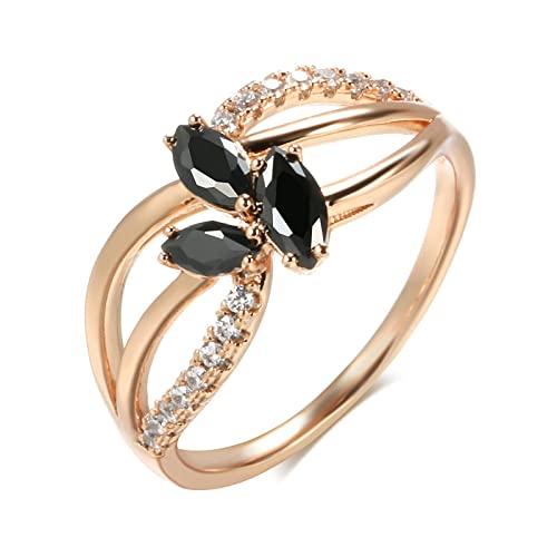 BISONBLUE Ringe Damen Rings Frauen Geschenk Modeaccessoires Vintage-Ring mit schwarzem natürlichem Zirkon für Damen, 585-Ringe, feine Kristallblume, 7, Schwarz von BISONBLUE