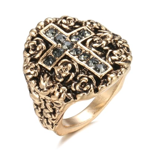 BISONBLUE Ringe Damen Rings Frauen Geschenk Modeaccessoires Vintage graue Kristall-Kreuz-Ringe für Frauen, antiker religiöser Glaube-Ring, Punk-Rock, 8 von BISONBLUE