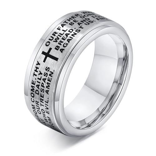 BISONBLUE Ringe Herren Ring Damen Männer Rings Geschenk 8 mm Kreuzring für Männer, Bibel-Gebetsfinger, drehbarer Ring, 12 Silber von BISONBLUE