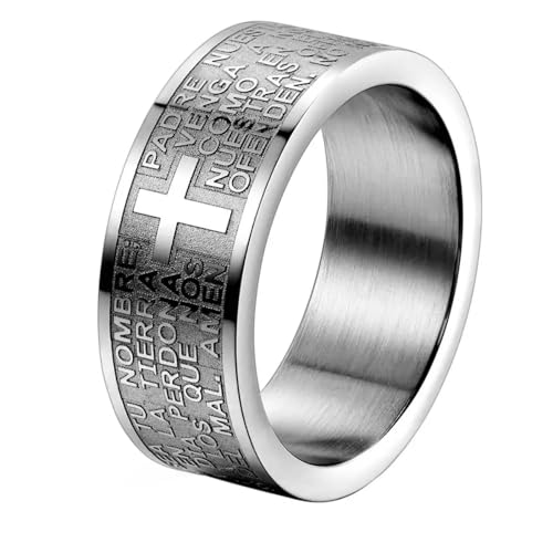BISONBLUE Ringe Herren Ring Damen Männer Rings Geschenk Mode Herren Ring Vaterunser Bibel Kreuz 8mm 10 Silber von BISONBLUE