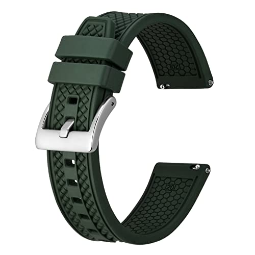 BISONSTRAP 20mm Silikon Uhrenarmbänder für Herren, Hochleistungs Fluorkautschuk Gummi Uhrenarmband mit Schnellverschluss (Dunkelgrün, Silberne Schnalle) von BISONSTRAP