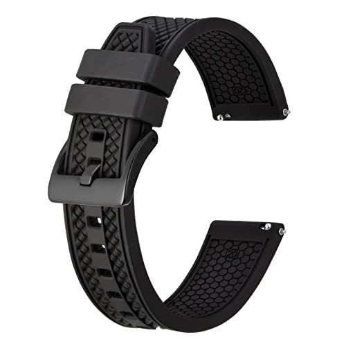 BISONSTRAP 20mm Silikon Uhrenarmbänder für Herren, Hochleistungs Fluorkautschuk Gummi Uhrenarmband mit Schnellverschluss (Schwarz, Schwarze Schnalle) von BISONSTRAP