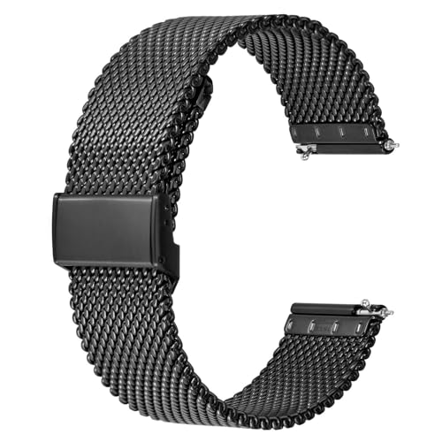 BISONSTRAP 316L Edelstahl Mesh Uhrenarmband für Damen und Herren, Gewebtes Metall Armband, 18mm, Schwarz von BISONSTRAP