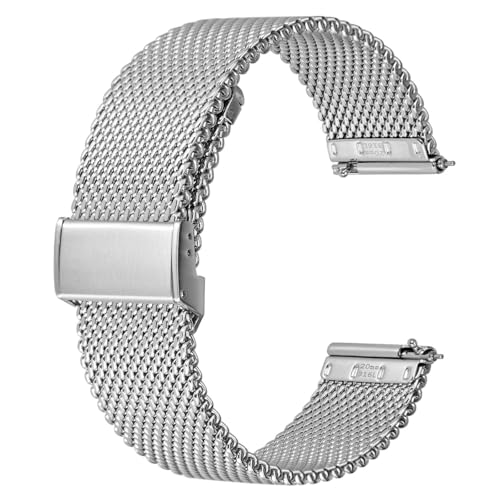 BISONSTRAP 316L Edelstahl Mesh Uhrenarmband für Damen und Herren, Gewebtes Metall Armband, 18mm, Silber von BISONSTRAP