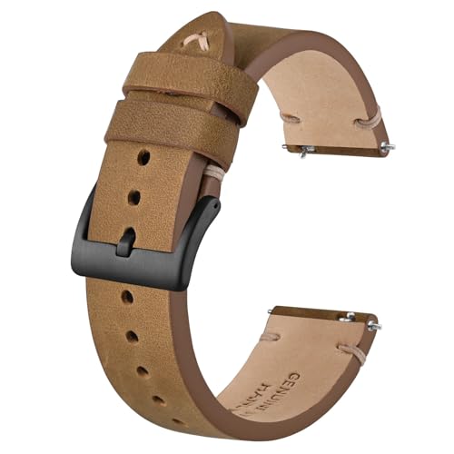 BISONSTRAP Distressed Leder Uhrenarmband, Uhren Armband für Herren, Schnellverschluss Federstege, 18mm, Hellbraun (Schwarze Schnalle) von BISONSTRAP