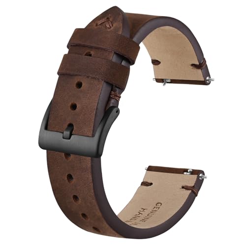 BISONSTRAP Distressed Leder Uhrenarmband, Uhren Armband für Herren, Schnellverschluss Federstege, 24mm, Kaffeebraun (Schwarze Schnalle) von BISONSTRAP