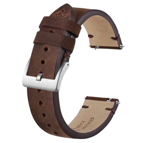 BISONSTRAP Distressed Leder Uhrenarmband, Uhren Armband für Herren, Schnellverschluss Federstege, 24mm, Kaffeebraun (Silberne Schnalle) von BISONSTRAP