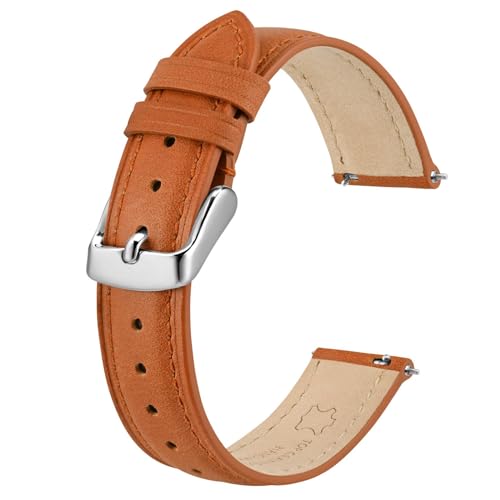 BISONSTRAP Elegante Leder Uhrenarmband, Schnellverschluss, Uhrenarmbänder für Damen und Herren, Kompatibel mit Uhrenanstößen von 12mm, Orange (Silberne Schnalle) von BISONSTRAP