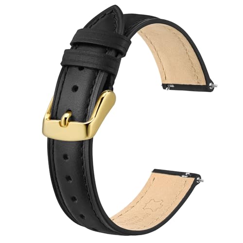 BISONSTRAP Elegante Leder Uhrenarmband, Schnellverschluss, Uhrenarmbänder für Damen und Herren, Kompatibel mit Uhrenanstößen von 12mm, Schwarz (Goldene Schnalle) von BISONSTRAP