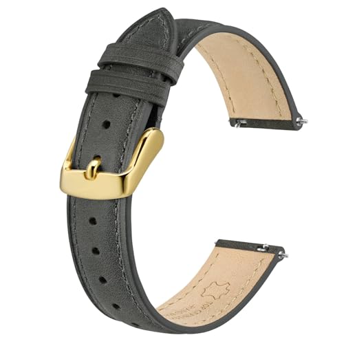 BISONSTRAP Elegante Leder Uhrenarmband, Schnellverschluss, Uhrenarmbänder für Damen und Herren, Kompatibel mit Uhrenanstößen von 14mm, Dunkelgrau (Goldene Schnalle) von BISONSTRAP