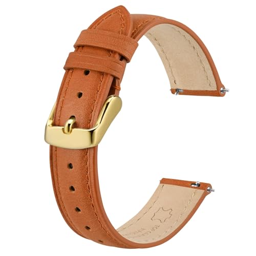 BISONSTRAP Elegante Leder Uhrenarmband, Schnellverschluss, Uhrenarmbänder für Damen und Herren, Kompatibel mit Uhrenanstößen von 14mm, Orange (Goldene Schnalle) von BISONSTRAP