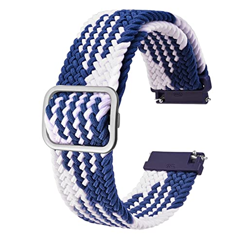 BISONSTRAP Nylon Uhrenarmband 18mm, Verstellbare Geflochtene Uhrenarmbänder für Herren und Damen, Weiß Blau/Silber Schließe von BISONSTRAP