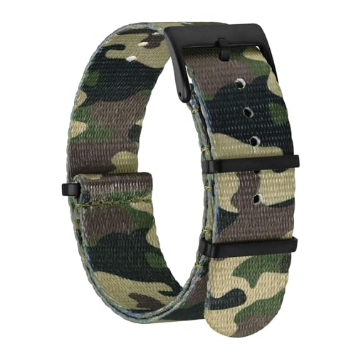 BISONSTRAP Nylon Uhrenarmband für Herren, Einteilige Militär Armband, 20mm, Tarngrün (Schwarze Schnalle) von BISONSTRAP