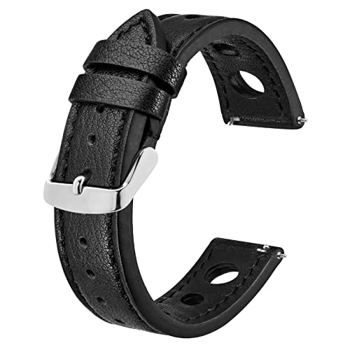 BISONSTRAP Rally Uhrenarmband 20mm, Uhrenarmbänder aus Leder für Herren, Schwarz mit Silberne Schnalle von BISONSTRAP