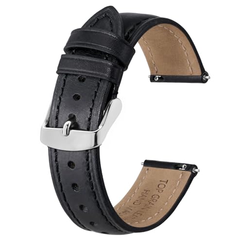 BISONSTRAP Retro Leder Uhrenarmband für Herren, Ersatzarmband aus Ölgewachstem Kalbsleder, Schnellverschluss, 22mm, Schwarz (Silberne Schnalle) von BISONSTRAP