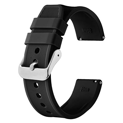 BISONSTRAP Silikon Armband 18mm, Schnellwechsel Gummi Uhrenarmband für Herren Damen,Schwarz/Silberne Schnalle von BISONSTRAP