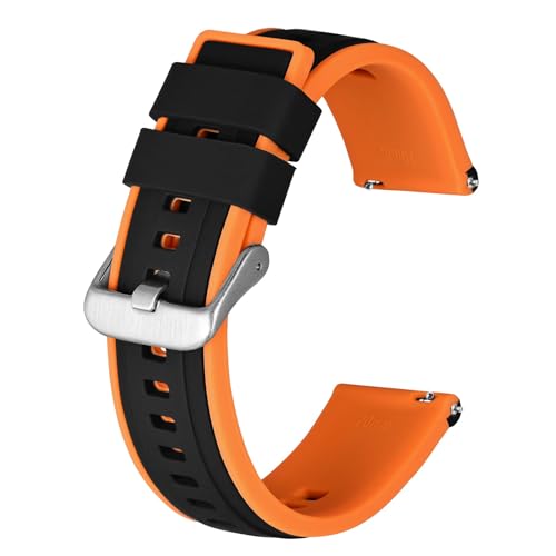 BISONSTRAP Silikon Armband für Herren, Uhrenarmband aus Weichem Gummi, 20mm, Schwarz/Orange (Silberne Schnalle) von BISONSTRAP