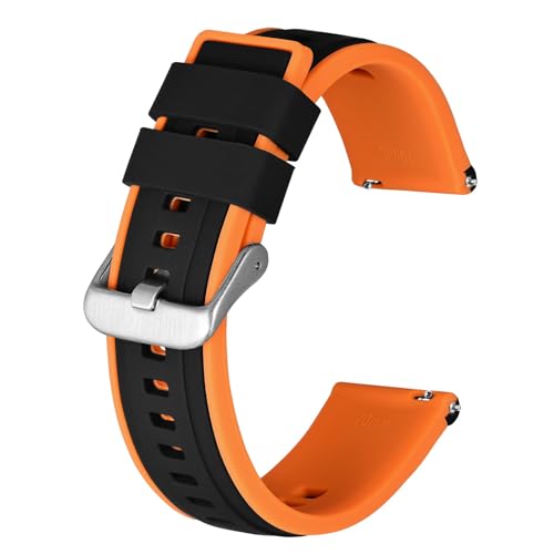 BISONSTRAP Silikon Armband für Herren, Uhrenarmband aus Weichem Gummi, 22mm, Schwarz/Orange (Silberne Schnalle) von BISONSTRAP