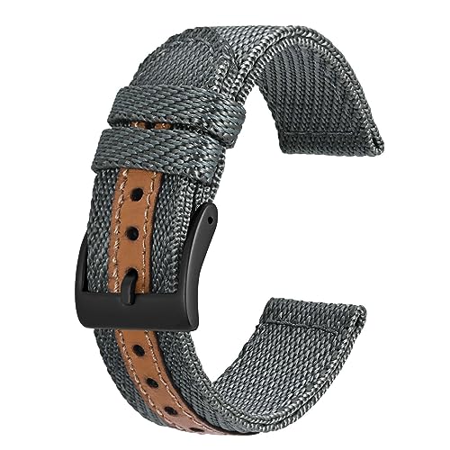 BISONSTRAP Sportliche Nylon Uhrenarmband, Militär Uhrenarmbänder für Herren, 18mm, Grau mit Schwarze Schnalle von BISONSTRAP