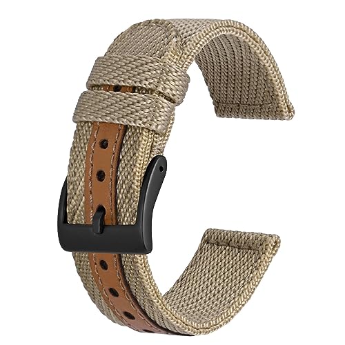 BISONSTRAP Sportliche Nylon Uhrenarmband, Militär Uhrenarmbänder für Herren, 18mm, Khaki mit Schwarze Schnalle von BISONSTRAP