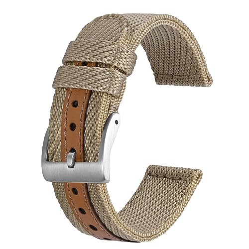 BISONSTRAP Sportliche Nylon Uhrenarmband, Militär Uhrenarmbänder für Herren, 18mm, Khaki mit Silberne Schnalle von BISONSTRAP