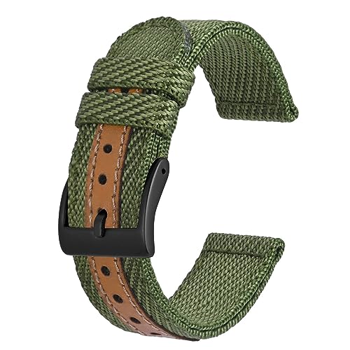 BISONSTRAP Sportliche Nylon Uhrenarmband, Militär Uhrenarmbänder für Herren, 20mm, Grün mit Schwarze Schnalle von BISONSTRAP