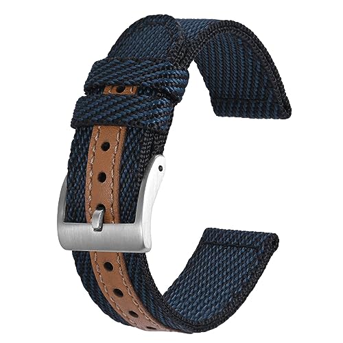 BISONSTRAP Sportliche Nylon Uhrenarmband, Militär Uhrenarmbänder für Herren, 22mm, Blau mit Silberne Schnalle von BISONSTRAP