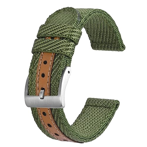 BISONSTRAP Sportliche Nylon Uhrenarmband, Militär Uhrenarmbänder für Herren, 22mm, Grün mit Silberne Schnalle von BISONSTRAP