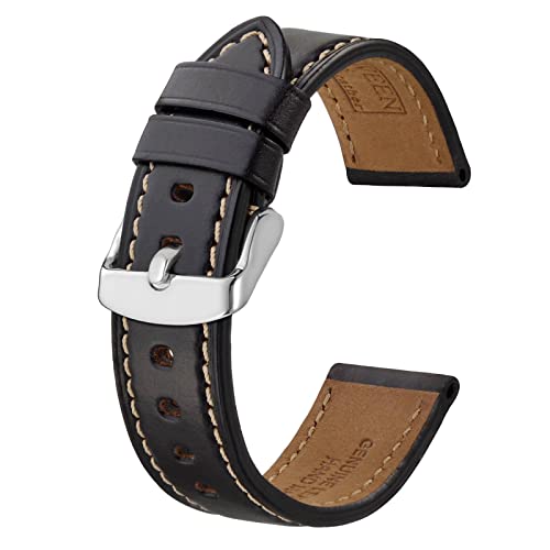 BISONSTRAP Uhrenarmband 19mm, Premium Leder Uhrenarmbänder für Herren und Frauen-Schwarz/Silberne Schnalle von BISONSTRAP