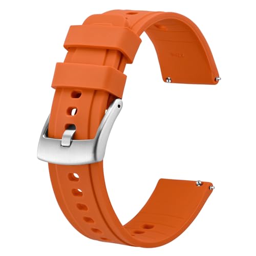 BISONSTRAP Flexibles Uhrenarmband 20mm Silikon, Uhrenarmbänder für Herren und Damen, Schnellverschluss Ersatzbänder Armband, Orange mit Silberner Schnalle von BISONSTRAP