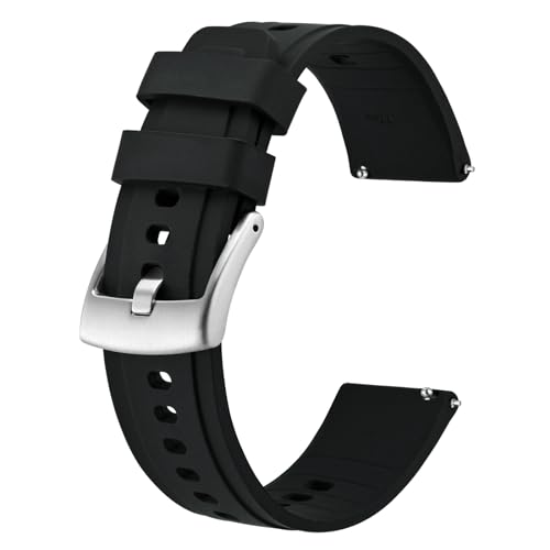 BISONSTRAP Flexibles Uhrenarmband 20mm Silikon, Uhrenarmbänder für Herren und Damen, Schnellverschluss Ersatzbänder Armband, Schwarz mit Silberner Schnalle von BISONSTRAP