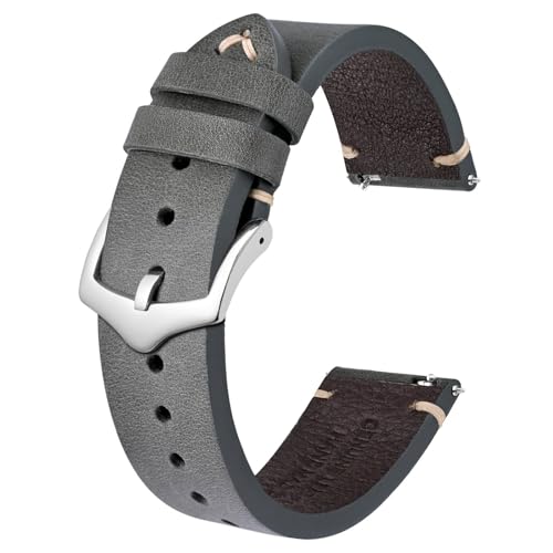 BISONSTRAP Uhrenarmband für Herren, Handgefertigte Stiche Leder Armband, Schnellverschluss, 18mm, Grau mit Silberner Schnalle von BISONSTRAP