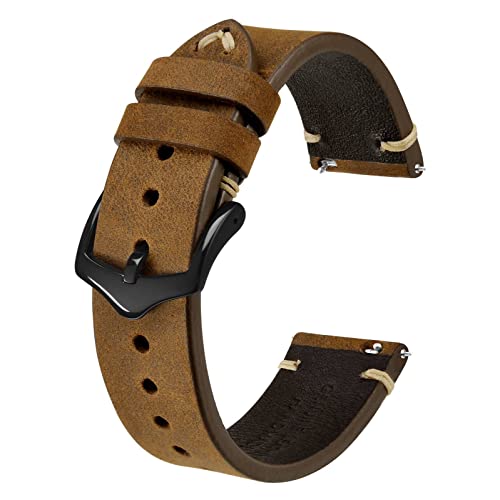 BISONSTRAP Uhrenarmband für Herren, Handgefertigte Stiche Leder Armband, Schnellverschluss, 18mm, Sattelbraun mit Schwarzer Schnalle von BISONSTRAP