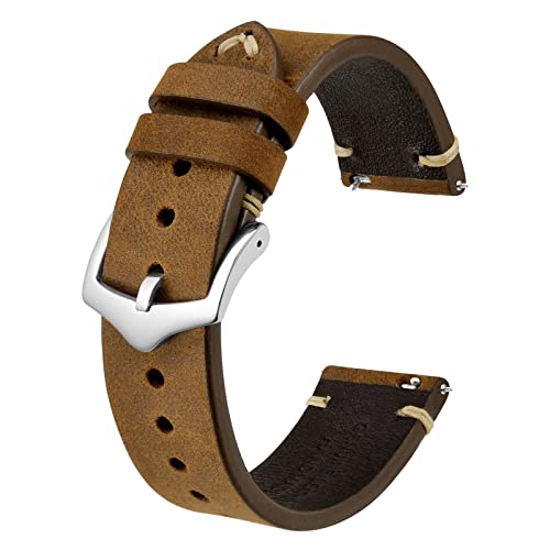 BISONSTRAP Uhrenarmband für Herren, Handgefertigte Stiche Leder Armband, Schnellverschluss, 18mm, Sattelbraun mit Silberner Schnalle von BISONSTRAP