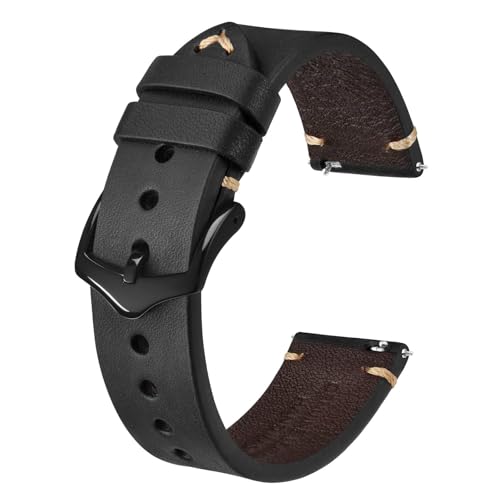 BISONSTRAP Uhrenarmband für Herren, Handgefertigte Stiche Leder Armband, Schnellverschluss, 18mm, Schwarz mit Schwarzer Schnalle von BISONSTRAP