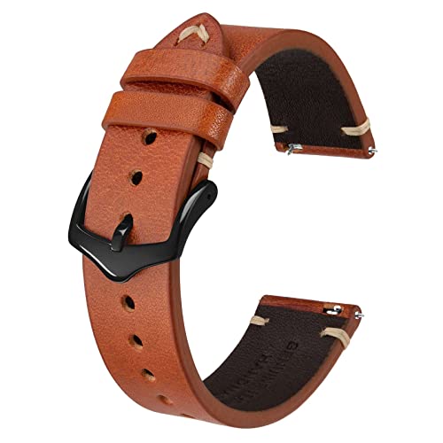 BISONSTRAP Uhrenarmband für Herren, Handgefertigte Stiche Leder Armband, Schnellverschluss, 18mm, Toffeebraun mit Schwarzer Schnalle von BISONSTRAP