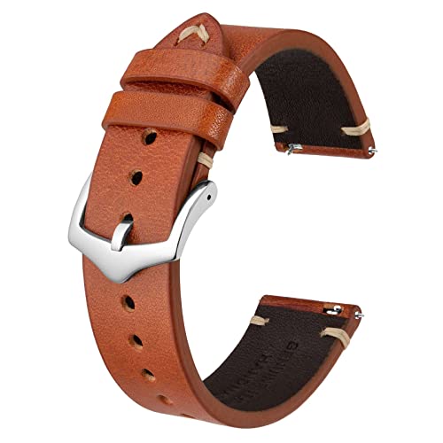 BISONSTRAP Uhrenarmband für Herren, Handgefertigte Stiche Leder Armband, Schnellverschluss, 18mm, Toffeebraun mit Silberner Schnalle von BISONSTRAP