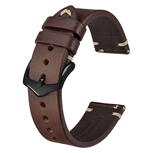 BISONSTRAP Uhrenarmband für Herren, Handgefertigte Stiche Leder Armband, Schnellverschluss, 19mm, Kaffeebraun mit Schwarzer Schnalle von BISONSTRAP