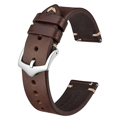 BISONSTRAP Uhrenarmband für Herren, Handgefertigte Stiche Leder Armband, Schnellverschluss, 19mm, Kaffeebraun mit Silberner Schnalle von BISONSTRAP