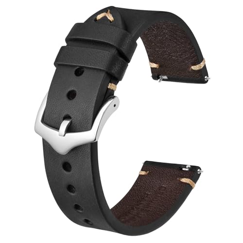 BISONSTRAP Uhrenarmband für Herren, Handgefertigte Stiche Leder Armband, Schnellverschluss, 19mm, Schwarz mit Silberner Schnalle von BISONSTRAP