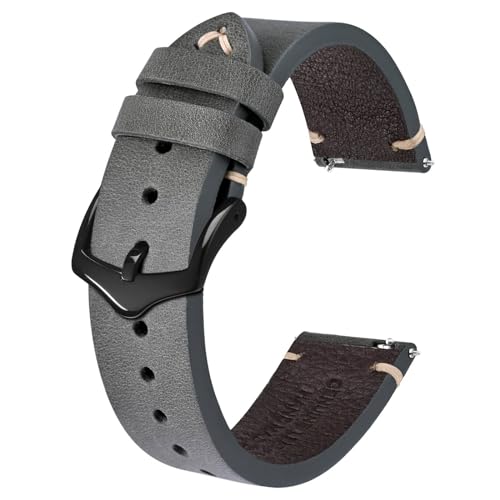 BISONSTRAP Uhrenarmband für Herren, Handgefertigte Stiche Leder Armband, Schnellverschluss, 20mm, Grau mit Schwarzer Schnalle von BISONSTRAP